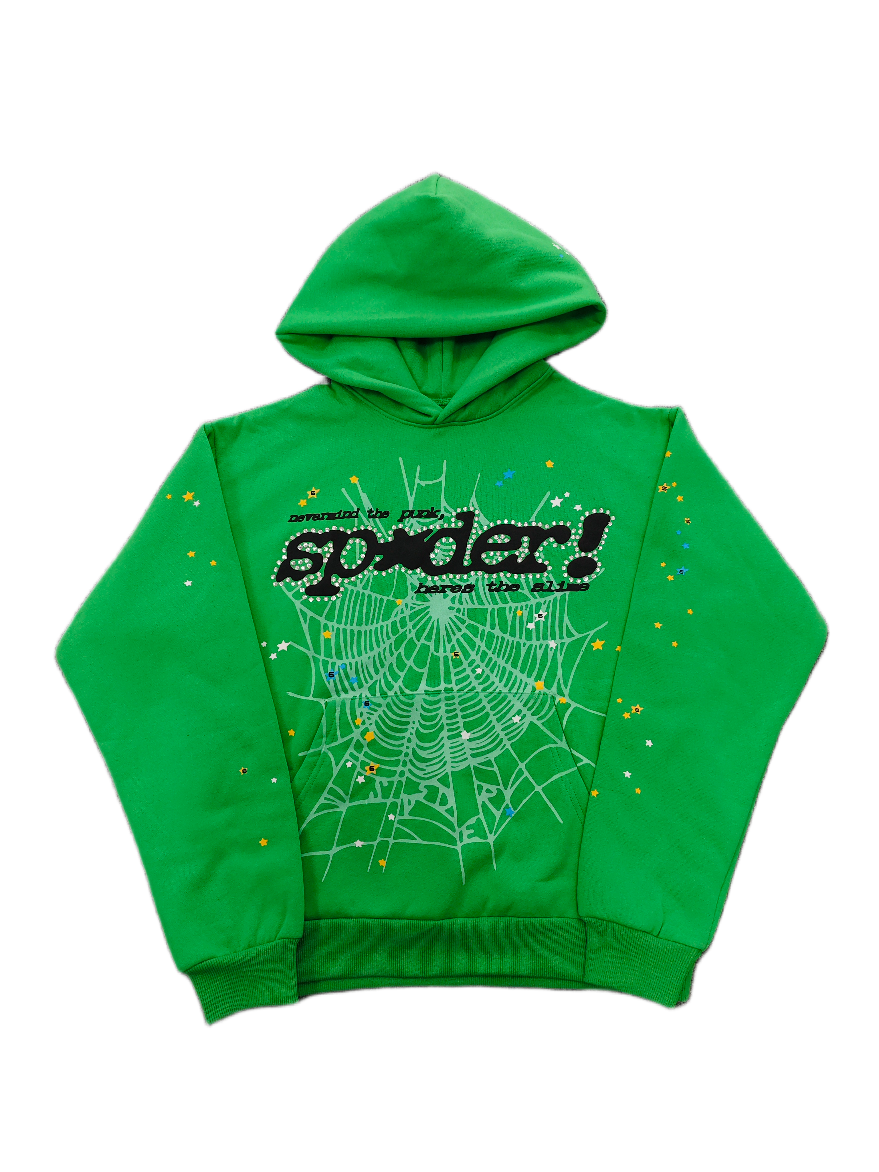 Sp5der Punk V2 Rhinestone Hoodie Bright Green